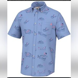 HUK Mens Americookin Button Shirt Size 2XL Blue Red Short Sleeve Americana BBQ